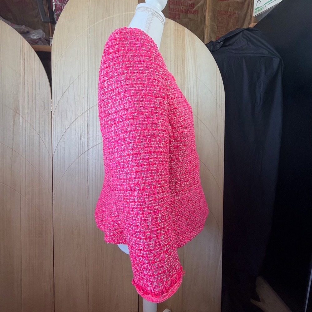 Talbots Tweed Blazer Womens 12 Pink Fringe Trim Button Front Peplum Jacket - Picture 6 of 10